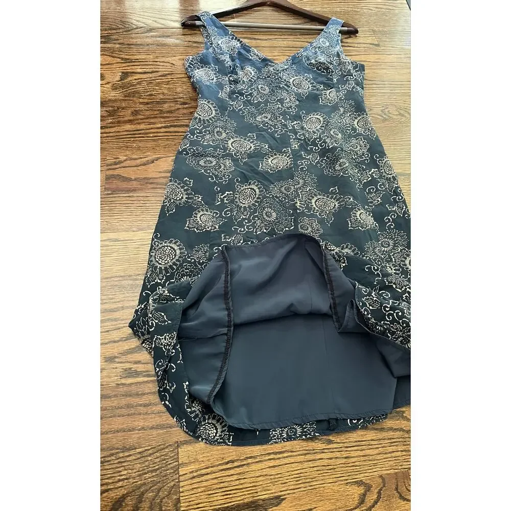 VTG J Crew 100% Silk Dress Blue Sunflower Floral Medallion Midi Slip 90s Sz. S